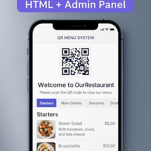 Plantilla de menú QR para restaurantes / Menú HTML digital con panel de administración / Compatible con dispositivos móviles / Sin suscripción / Diseño editable