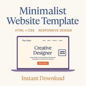 Puede incluir: Un portátil morado muestra una plantilla de sitio web con el texto "Minimalist Website Template". La pantalla muestra "Creative Designer" y "Get In Touch". El texto adicional incluye "HTML + CSS" y "Responsive Design."