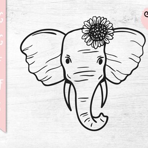 May include: A black and white line drawing of an elephant's head with a sunflower on top. The elephant has large ears and a long trunk.
