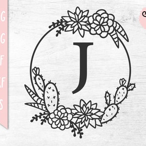 Carta personalizada SVG, Corona de cactus SVG, Letra de borde floral SVG, Archivo de corte de monograma circular