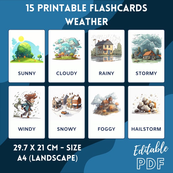 Weather - 15 Editable Flashcards - Pre School - Educational Flashcards - PDF Flashcards - Ready To Print Flashcards