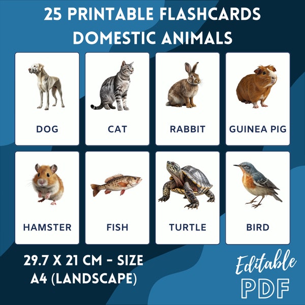 Domestic Animals - 25 Editable Flashcards - Pre School - Educational Flashcards - PDF Flashcards - Ready To Print Flashcards