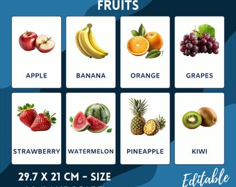 Fruits - 25 Editable Flashcards - Pre School - Educational Flashcards - PDF Flashcards - Ready To Print Flashcards