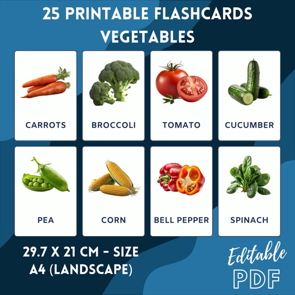 Vegetables - 25 Editable Flashcards - Pre School - Educational Flashcards - PDF Flashcards - Ready To Print Flashcards
