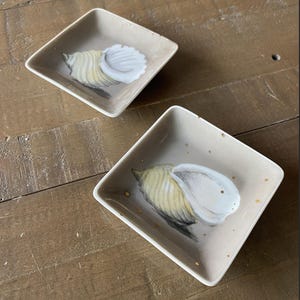May include: Two square ceramic dishes with a light beige glaze, each featuring a hand-painted illustration of a yellow and white seashell. The interior of the dishes is decorated with small, scattered gold-colored dots across the surface.
