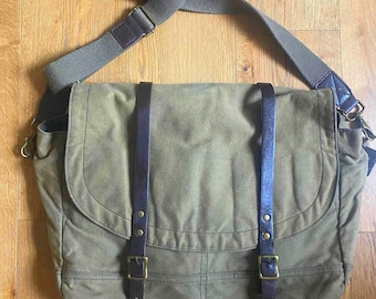 Vintage J Crew Canvas Messenger Bag Leather Strap 90s Olive