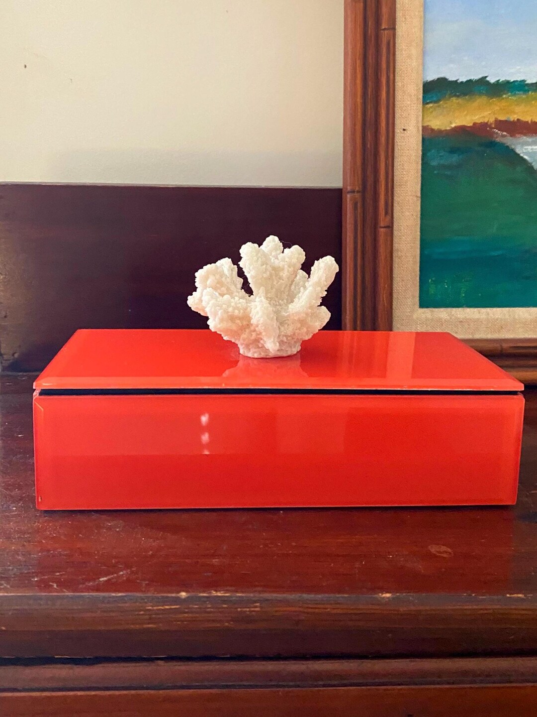 Vintage 1970s Orange Glass Hinged Box Affixed White Coral Lid Black ...