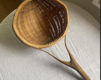 Vintage Woven Basket with Carved Wood Handle Sculptural Market Basket
