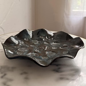 Handmade Coastal Studio Pottery Bowl with Shell Motif, Scalloped Edge Decorative Dish