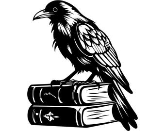 May include: A black and white illustration of a raven perched atop two stacked books. The raven is detailed with textured feathers and a sharp beak. The books have decorative elements, creating a gothic or literary theme.