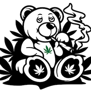 May include: A black and white illustration of a teddy bear smoking a rolled cigarette. The bear has a green cannabis leaf on its chest and is surrounded by cannabis leaves. The bear's eyes are droopy, and smoke is rising from the cigarette.