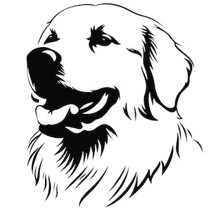 May include: A black and white illustration of a Golden Retriever dog's head. The dog is depicted in a side profile, with its mouth open in a slight smile. The image is a simple, graphic design, with clean lines and a minimalist aesthetic.
