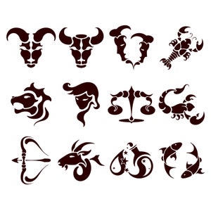 Icônes de signe du zodiaque - Fichier SVG pour machines de découpe comme Cricut et Silhouette - Fichier PDF pour impression - Bélier, Taureau, Gémeaux, Cancer, Lion, etc.