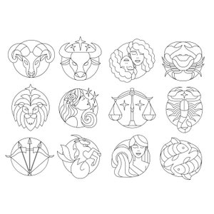 May include: Line art illustrations of the 12 zodiac signs. Each sign is depicted in a circle with a white background and black outline. The signs include Aries, Taurus, Gemini, Cancer, Leo, Virgo, Libra, Scorpio, Sagittarius, Capricorn, Aquarius, and Pisces.