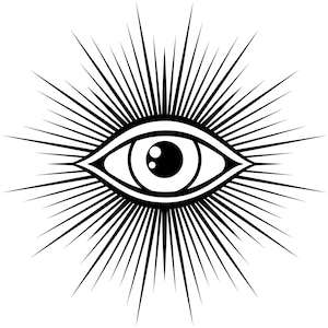Può includere: Illustrazione in bianco e nero di un occhio all'interno di un disegno a raggi di sole. L'occhio è dettagliato con pupilla, iride e palpebre. Il disegno a raggi di sole presenta numerose linee rette che emanano verso l'esterno.