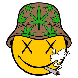 May include: A yellow smiley face with black cross-eyes and a smile, smoking a lit cigarette. The smiley face wears a brown bucket hat with green cannabis leaf patterns. White smoke emanates from the cigarette.