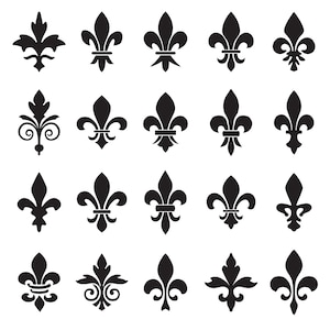 May include: A set of 20 black and white fleur-de-lis designs. The designs are in various styles, including simple, ornate, and stylized.