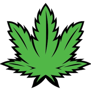 May include: A green cannabis leaf illustration with black outlines. The leaf has five distinct points and a detailed vein structure, set against a white background. The design is a simple, bold graphic.