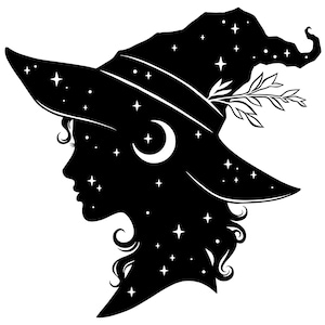 May include: A black silhouette of a woman's profile wearing a witch's hat adorned with stars and a crescent moon. The hat has a curved brim and a sprig of leaves. The woman's hair is curly and flowing.
