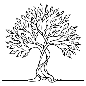 May include: A black and white line drawing of a tree. The tree has a detailed design with a thick trunk, multiple branches, and many leaves. The roots are visible, and the tree is set against a white background.