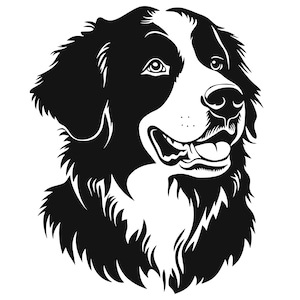 May include: A black and white graphic illustration of a Bernese Mountain Dog's head. The dog's fur is detailed with a white muzzle, a white stripe between the eyes, and white markings above the eyes. The dog is smiling with its tongue visible.
