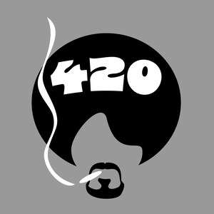 May include: A graphic illustration on a gray background. The image features a black silhouette of a person's head with the white numbers "420" in the center. A white wisp of smoke rises from a black mustache and goatee.