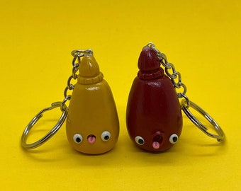 Cute Ketchup and Mustard Keychain | kawaii keychain, clay keychain, funny face food condiments, cute gift idea, unique gift, bag accessory