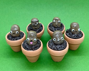 May include: A collection of seven small terracotta pots, each filled with dark soil and a whimsical, brown, face-shaped sculpture. The faces have various expressions, with white, googly eyes. The background is a solid green.