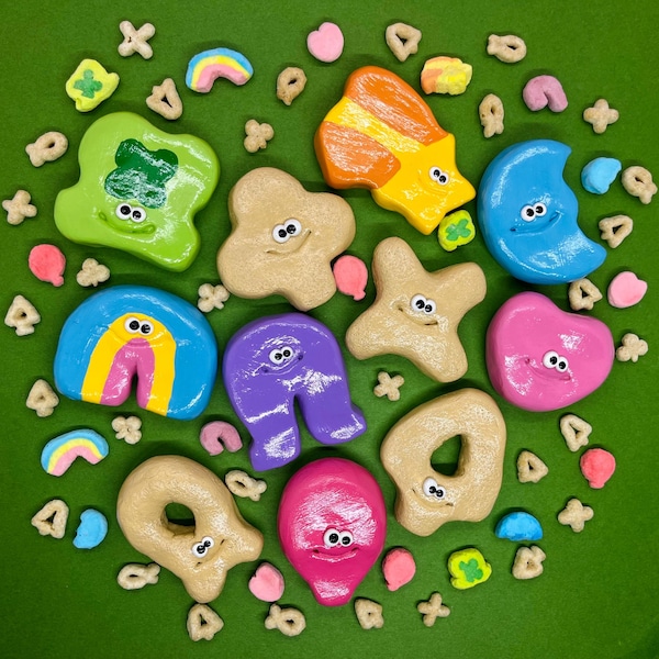Cute Happy Smiling Lucky Charms Cereal sculpture| kawaii, polymer clay, funny face art, gift idea, unique gift, silly food figurine