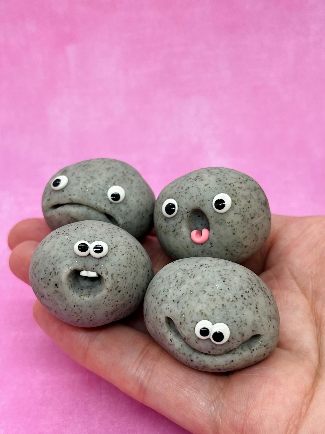 Matte Pet Rock Sculpture| Kawaii, Polymer Clay Figurine, Funny Face ...