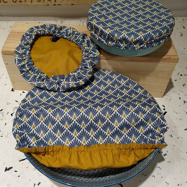 Charlottes PAON BLEU et JAUNE en tissu enduit pour la cuisine