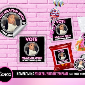 May include: A collection of pink and black homecoming-themed stickers, buttons, and packaging. The designs feature a photo of a young woman, the words "Vote Milayiah Smith Homecoming Queen," and a pink brick background.