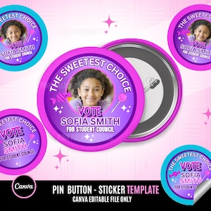 May include: A collection of pin buttons and stickers with a purple and teal design. The buttons feature a photo of a young girl and text that reads "Vote Sofia Smith for Student Council". The design includes candy and star graphics.