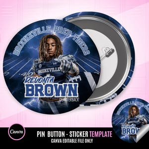May include: A round pin button featuring a football player in a blue and white uniform with the text "DEVONTA BROWN QUARTERBACK". The button has a blue lightning bolt design and the words "BROOKEVILLE PREP TIGERS".