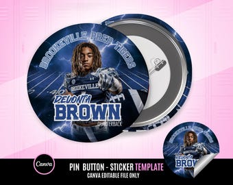 May include: A round pin button featuring a football player in a blue and white uniform with the text "DEVONTA BROWN QUARTERBACK". The button has a blue lightning bolt design and the words "BROOKEVILLE PREP TIGERS".