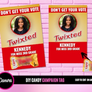 Etichetta di caramelle intrecciate, Schede di voto per la campagna elettorale, Vota per me, Regina del ballo di fine anno, Re del ballo di fine anno, Presidente di classe, Studentessa del secondo anno