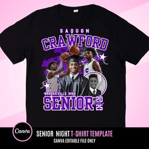 May include: Black t-shirt with a purple and white design featuring a basketball player and the text "SAQUON CRAWFORD" and "BROOKEVILLE HIGH SENIOR 20 25".