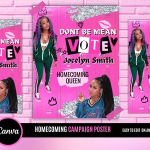 Homecoming queen poster sign, Class campaign, class president, high School homecoming,vote for me editable digital poster size 18x24 , 11x17
