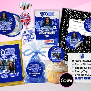 May include: A collection of blue and white party favors, including stickers, a chip bag cover, and a candy tag, all featuring the text "VOTE AMAYA SADE MS SOPHOMORE 2025." A cupcake with sprinkles and a lollipop are also included.