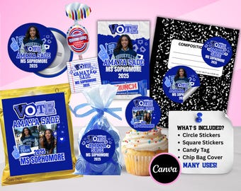 Student Council Blue Bundle , Vote homecoming queen, class campaign sticker, Pin Button, class campaign, Stickers Change colors