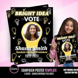 Bright Idea Student Council Poster,  Homecoming Poster, class treasurer, class president, Class campaign, Edit Online then Print poster