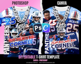 May include: A DIY editable t-shirt template featuring football players in blue and red uniforms. The design includes the text "Let's Go", "Play Big Win Big", and the names "Cornell" and "Jackson". The template is for Canva and Photoshop.