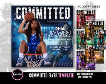 May include: A basketball player in a blue jersey with the number 1 on it, holding a basketball. The background is blue with the text "COMMITTED" in white, "RHIA JAMES" in black, and "WESTVILLE HIGH SCHOOL" in white. The text "COLLEGE UNIVERSITY CHARLOTTE, NC" is also in white. The image is a template for a flyer.