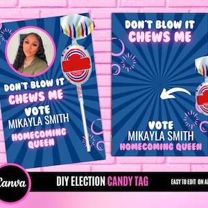 Chews Me tag, Homecoming Campaign Voting Cards, Vote for Me, Homecoming Queen, Homecoming King, Class President,Lollipop tag - 4924