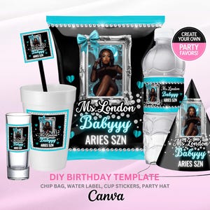 Party Pack ,Birthday Bundle, Adult Birthday Party Favor, Teen Party favor, Birthday SZN Editable Templates, Teal Black Diamonds