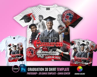 Puede incluir: Una camiseta blanca con un diseño 3D que presenta a un jugador de baloncesto, una gorra de graduación y el texto "Congratulations Cameron aka London Class of 2025".