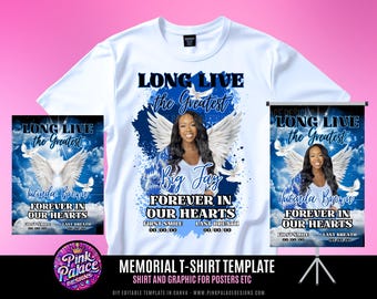 Diseño de camiseta conmemorativa, editable en Canva, plantilla de diseño de camiseta "En memoria de", ideal para sublimación, impresión digital directa a tela (DTF) y impresión digital directa a tela (DTG). Cielo, Descansa en paz.