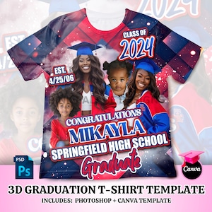 3D Tee Template, All over Tee Template Graduation T Shirt Design, Editable in canva ,  Year is Editable, Blue and Red Shirt, 2346