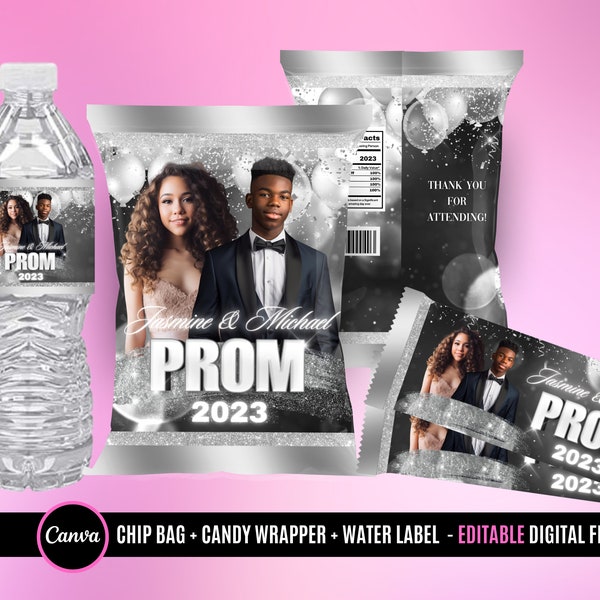 Prom Send off Chip Bag, Prom water label, Prom candy bar Digital Files, Black and Silver