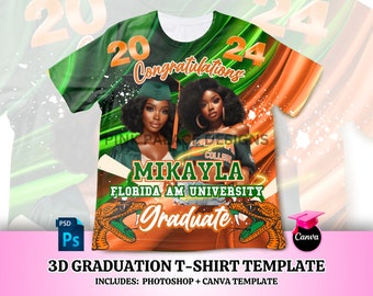 3D Tee Template, All over Tee Template Graduation T Shirt Design, Editable in canva , 2024 Graduation Year is Editable,famu Green and ORANGE